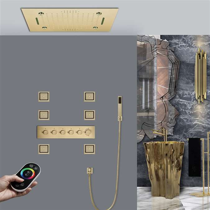 Cosenza Remote Controlled Thermostatic Brushed Gold LED Musical Recessed Ceiling Mount Rainfall Shower System with Jetted Body Sprays and Hand Shower