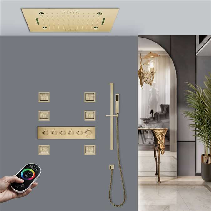 Fano Remote Controlled Thermostatic Brushed Gold LED Recessed Ceiling Mount Rainfall Waterfall Musical Shower System Remote Controlled with Jetted Body Sprays and Hand Shower