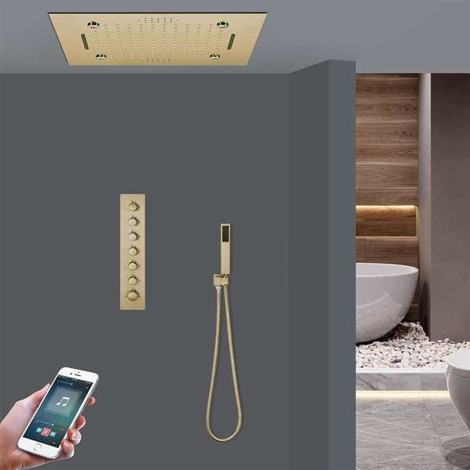 Sorrento Phone Controlled Brushed Gold Thermostatic LED Musical Recessed Ceiling Mount Rainfall Mist Waterfall Shower System with Hand Shower