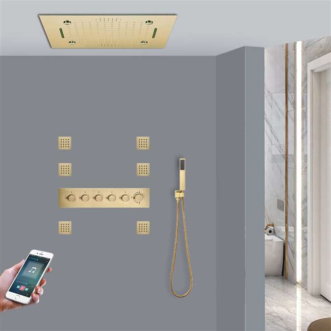 Matera Brushed Gold Recessed Ceiling Mount Thermostatic Phone Controlled LED Musical Rainfall Mist Waterfall Shower System with Jetted Body Sprays and Hand Shower