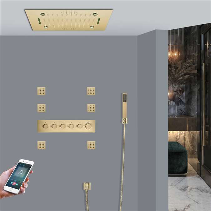 Crotone Rainfall Waterfall Mist Brushed Gold Phone Controlled Thermostatic Recessed Ceiling Mount LED Musical Shower System with Jetted Body Sprays and Hand Shower