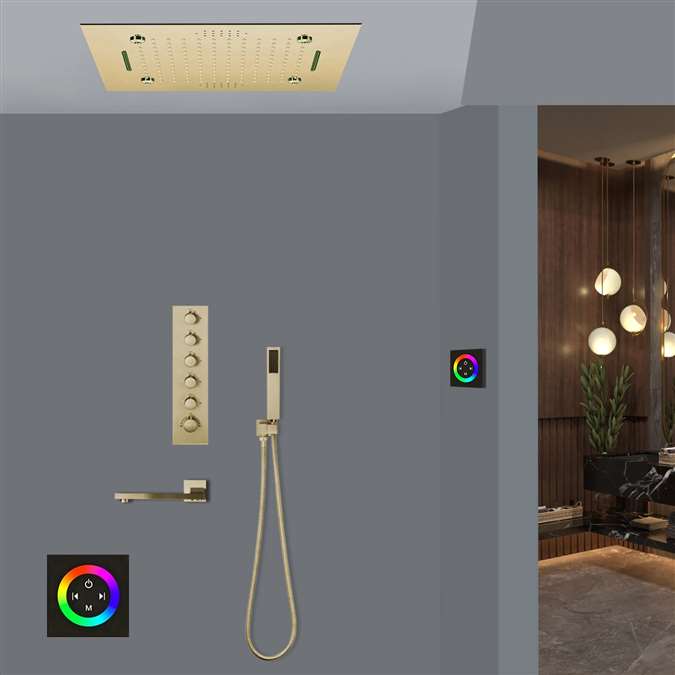 Pordenone Touch Panel Controlled Thermostatic Musical Recessed Ceiling Mount Rainfall Mist Waterfall Shower System with Jetted Body Sprays and Hand Shower