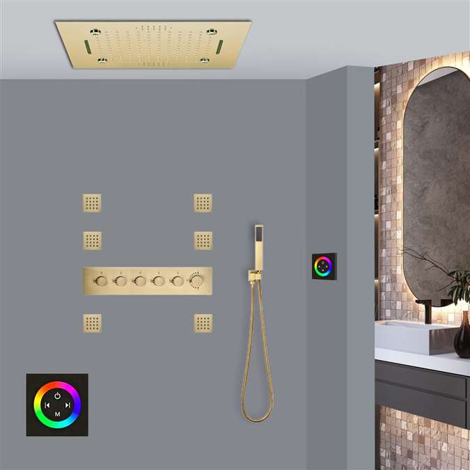 Ercolano Brushed Gold Touch Panel Controlled Thermostatic Recessed Ceiling Mount LED Rainfall Waterfall Mist Musical Shower System with Jetted Body Sprays and Hand Shower