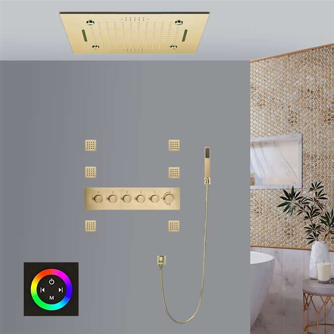 Faenza Brushed Touch Panel Controlled Thermostatic Recessed Ceiling Mount LED Mist Rainfall Waterfall Musical Shower System with Hand Shower and 6 Jetted Body Sprays