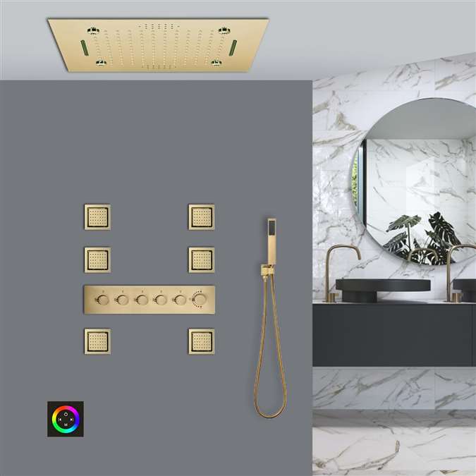Trani Touch Panel Controlled Brushed Gold Thermostatic Recessed Ceiling Mount LED Musical Rainfall Shower System Jetted Body Sprays with Hand Shower