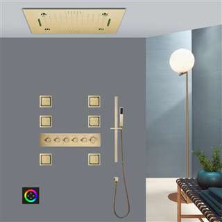 Faenza Brushed Gold Thermostatic Touch Panel Controlled Musical Recessed Ceiling Mount Rainfall Mist Waterfall Shower System with Jetted Body Sprays and Hand Shower