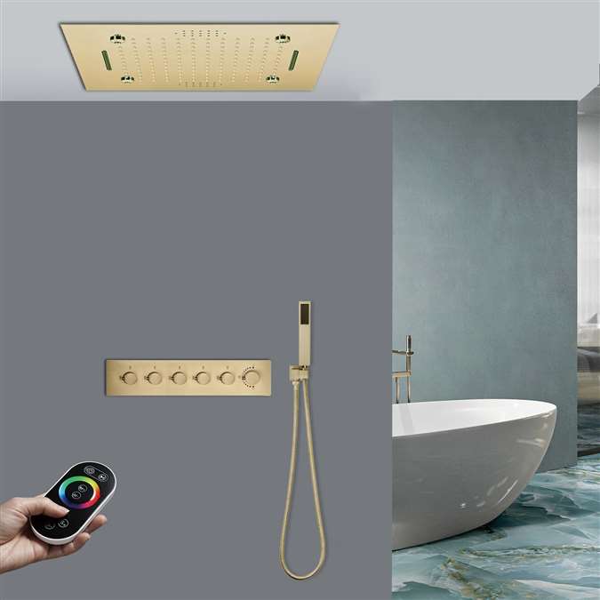 Novara Thermostatic Remote Controlled Brushed Gold Musical Recessed Ceiling Mount Mist Waterfall Rainfall Shower System with Hand Shower