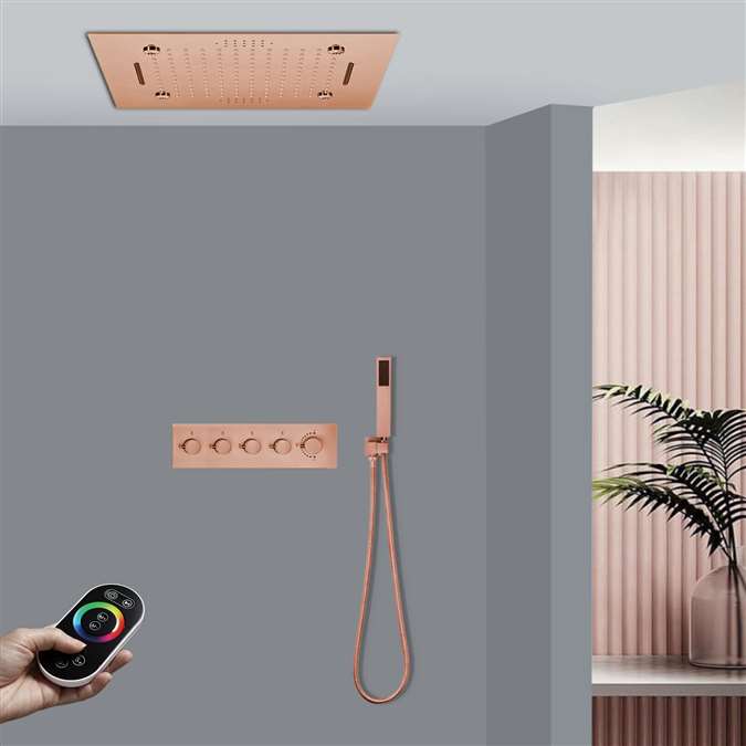 Livorno Rose Gold Thermostatic Remote Controlled Musical Recessed Ceiling Mount Mist Waterfall Rainfall Shower System with Hand Shower