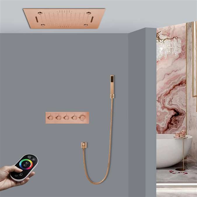 Perugia Thermostatic LED Rose Gold Remote Controlled Recessed Ceiling Mount Rainfall Waterfall Mist Shower System with Hand Shower