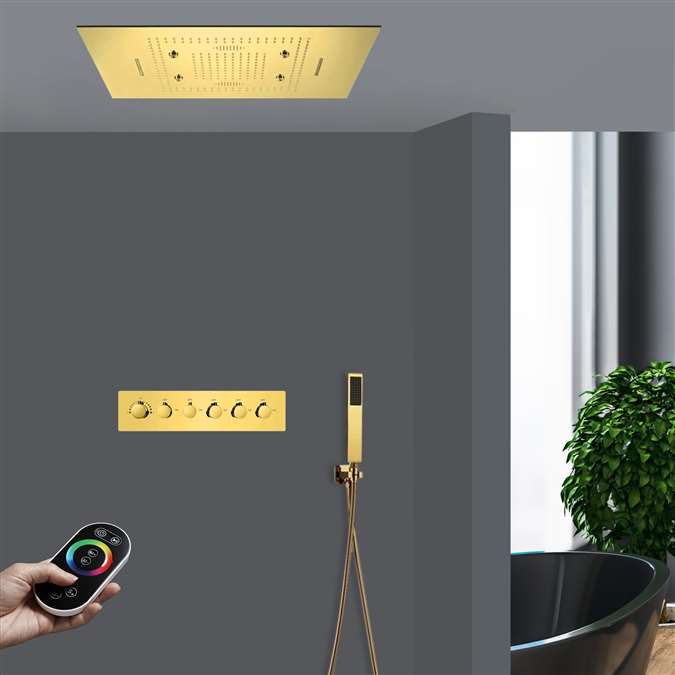 Reggio Polished Gold Thermostatic Remote Controlled LED Musical Recessed Ceiling Mount Mist Waterfall Rainfall Shower System with Hand Shower