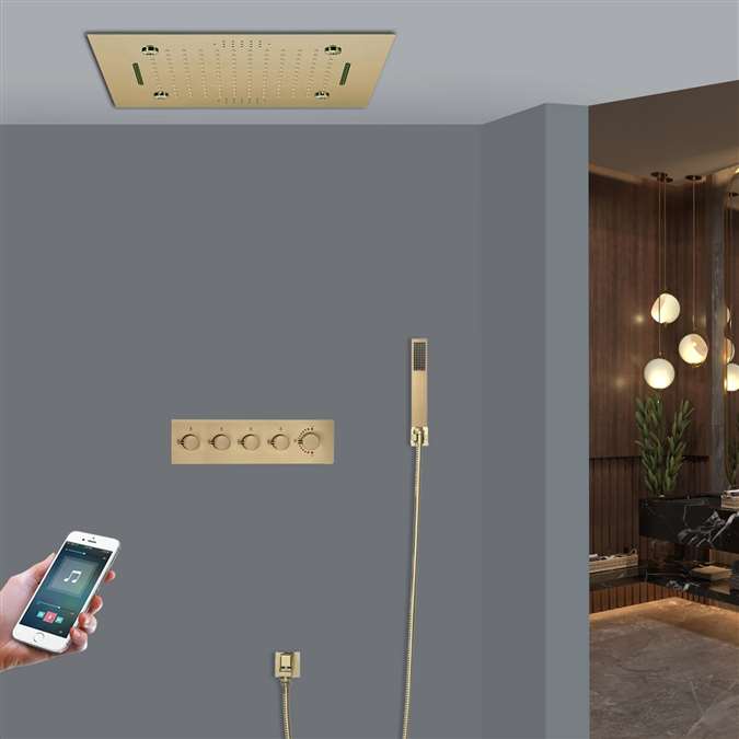 Lecce  Brushed Gold Thermostatic Phone Controlled Musical Recessed Ceiling Mount Mist Waterfall Rainfall Shower System with Hand Shower