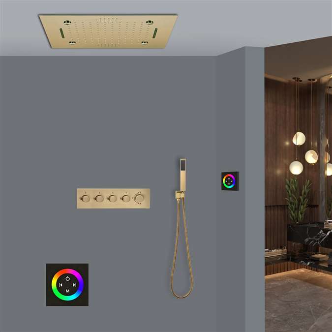Pordenone Thermostatic Brushed Gold Touch Panel Controlled Musical Recessed Ceiling Mount Mist Waterfall Rainfall Shower System with Hand Shower