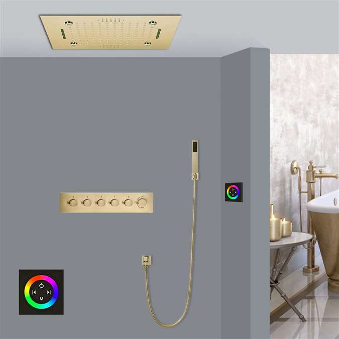 Acerra  Brushed Gold Touch Panel Controlled Thermostatic Musical Recessed Ceiling Mount Mist Waterfall Rainfall Shower System with Hand Shower