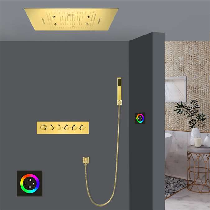 Faenza Polished Gold Thermostatic Touch Panel Controlled Recessed Ceiling Mount LED Musical Mist Waterfall Rainfall Shower System with Hand Shower