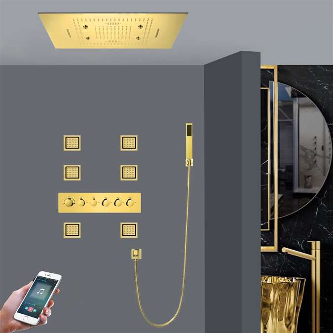 Chieti Waterfall Rainfall Mist Thermostatic LED Phone Controlled Recessed Ceiling Mount Gold Shower System with Jetted Body Sprays and Hand Shower