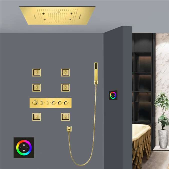 Avellino Touch Panel Controlled Waterfall Rainfall Mist Thermostatic LED Recessed Ceiling Mount Gold Shower System with Jetted Body Sprays and Hand Shower