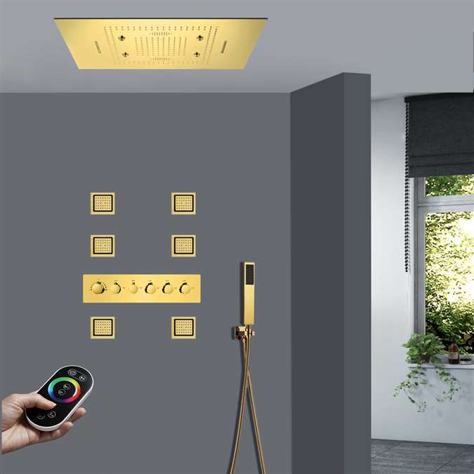 Teramo Thermostatic LED Remote Controlled Recessed Ceiling Polished Gold Mount Waterfall Rainfall Mist Shower System with Jetted Body Sprays and Hand Shower
