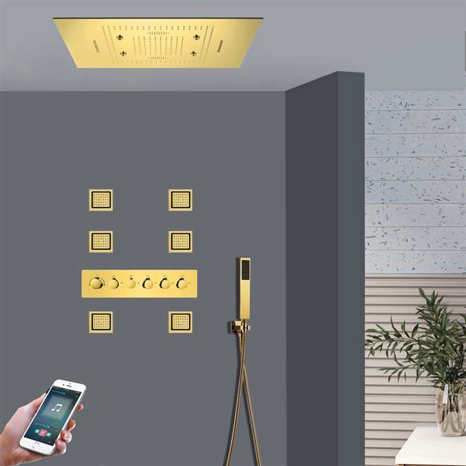 Benevento Phone Controlled Thermostatic LED Recessed Ceiling Mount Waterfall Rainfall Mist Gold Shower System with Jetted Body Sprays and Hand Shower