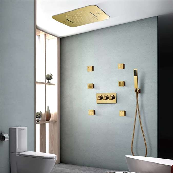 Arezzo Thermostatic Gold LED Musical Phone Controlled Recessed Ceiling  Mount Rainfall Waterfall Shower System with Jetted Body Sprays and Hand Shower