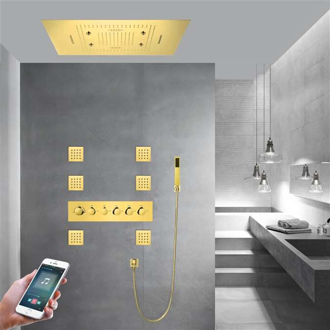 Massa Polished Gold Phone Controlled LED Thermostatic Recessed Ceiling Mount Rainfall Waterfall Mist Shower System with Hand Shower and Jetted Body Sprays