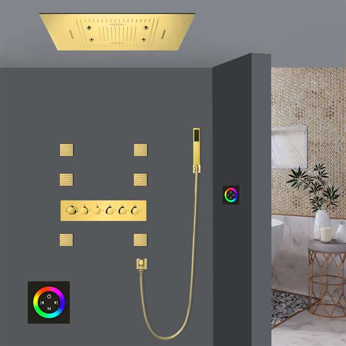 Afragola Polished Gold LED Touch Panel Controlled Thermostatic Recessed Ceiling Mount Waterfall Mist Rainfall Shower System with Hand Shower and Jetted Body Sprays