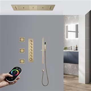 Varese Brushed Gold Remote Controlled Thermostatic LED Recessed Ceiling Mount Rainfall Waterfall Water Column Mist Shower System with Hand Shower and Jetted Body Sprays