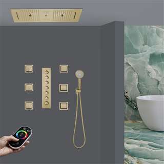 Udine Brushed Gold Remote Controlled Thermostatic LED Recessed Ceiling Mount Rainfall Water Column Waterfall Mist Shower System with Square Hand Shower and 6 Jetted Body Sprays