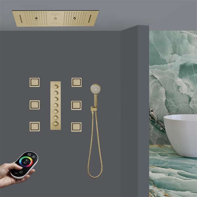 Udine Brushed Gold Remote Controlled Thermostatic LED Recessed Ceiling Mount Rainfall Water Column Waterfall Mist Shower System with Square Hand Shower and 6 Jetted Body Sprays