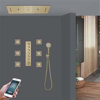 Caserta Thermostatic Brushed Gold Phone Controlled LED Recessed Ceiling Mount Waterfall Rainfall Water Column Mist Shower System with Square Hand Shower and 6 Jetted Body Sprays