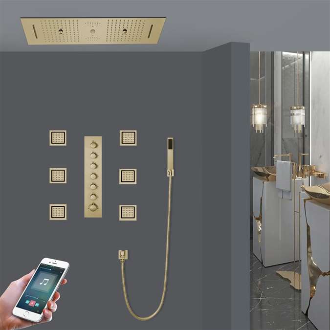 Padua Phone Controlled Brushed Gold Thermostatic LED Waterfall Rainfall Water Column Mist Shower System with Hand Shower and Jetted Body Sprays