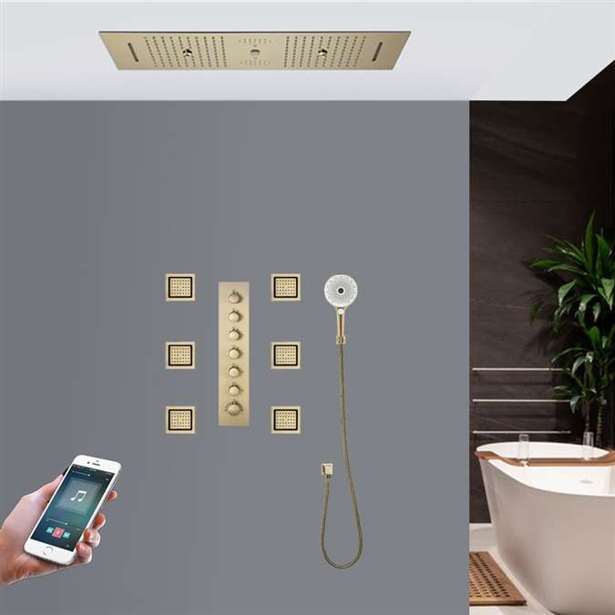 Trapani LED Thermostatic Phone Controlled Recessed Ceiling Brushed Gold Mount Rainfall Waterfall Water Column Mist Shower System with Round 6 Jetted Body Sprays and Hand Shower