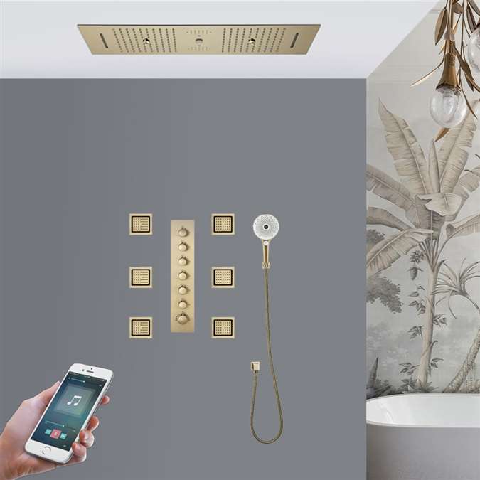 Catania Thermostatic LED Phone Controlled Recessed Ceiling Brushed Gold Mount Shower System with 6 Jetted Body Sprays and Hand Shower