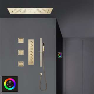 Latina Brushed Gold Touch Panel Controlled Thermostatic LED Recessed Ceiling Mount Rainfall Water Column Mist Shower System with Jetted Body Sprays and Hand Shower