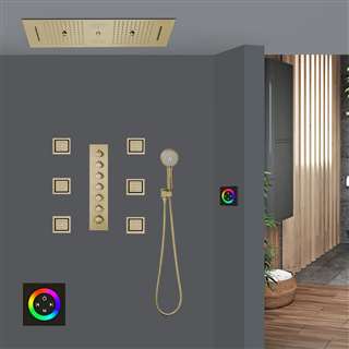 Ravenna Thermostatic Touch Panel Controlled Brushed Gold LED Recessed Ceiling Mount Waterfall Mist Water Column Rainfall Shower System with Hand Shower and Jetted Body Sprays
