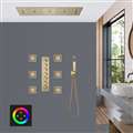 Brescia Touch Panel Controlled Thermostatic LED Recessed Ceiling Mount Brushed Gold Waterfall Rainfall Water Column Mist Shower System with Square Hand Shower and Jetted Body Sprays