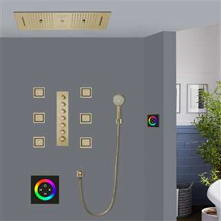 Taranto LED Touch Panel Controlled Thermostatic Recessed Ceiling Brushed Gold Mount Waterfall Rainfall Water Column Mist Shower System with Round Hand Shower and Body Jets