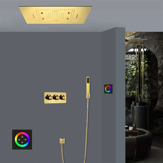Lecce LED Musical Touch Panel Controlled Thermostatic Recessed Ceiling Mount Polished Gold Hot and Cold Rainfall Mist Waterfall Shower System with Square Hand Shower