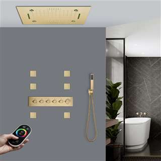 Tivoli LED Musical 20" Remote Controlled Thermostatic Recessed Ceiling Mount Brushed Gold Rainfall Mist Waterfall Shower System with Hand Shower and Body Jets