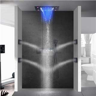 Cagliari Matte Black Thermostatic LED Recessed Ceiling Mount Waterfall Rainfall Shower System with Body Jets and Hand Shower