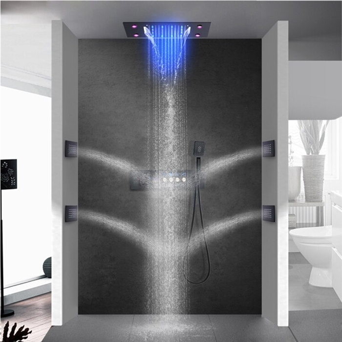 Cagliari Hospitality Matte Black Thermostatic LED Recessed Ceiling Mount Waterfall Rainfall Shower System with Body Jets and Hand Shower