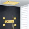 Bergamo LED Recessed Ceiling Mount Gold Thermostatic Waterfall Rainfall Shower System with Body Jets and Hand Shower