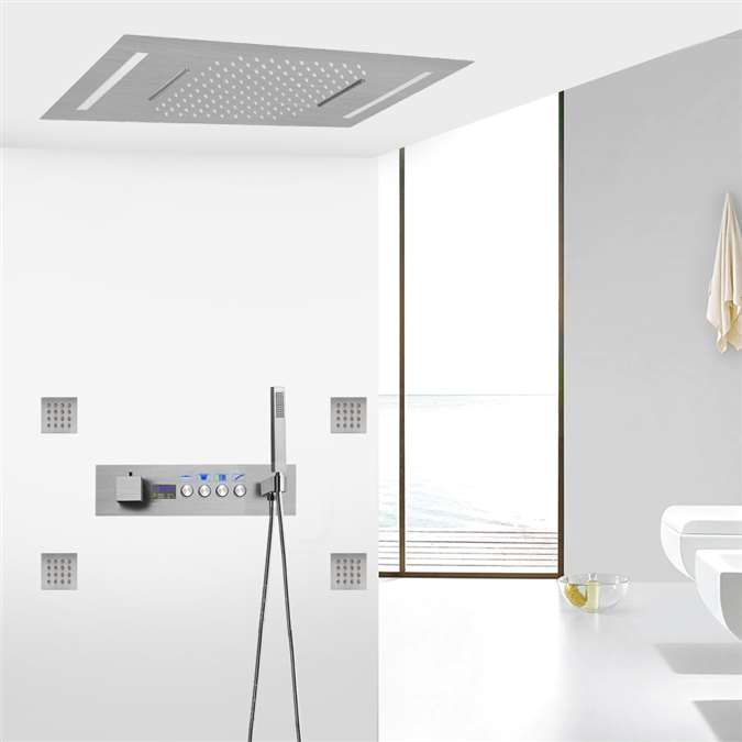 Parma Brushed Nickel 20*14 LED Thermostatic Recessed Ceiling Mount LED Rainfall Shower System with Body Jets and Hand Shower