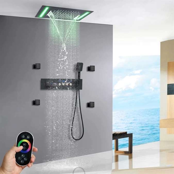 Rimini Matte Black LED Thermostatic Recessed Ceiling Mount 20x14 Rainfall Shower System with 4 Jetted Body Sprays and Hand Shower