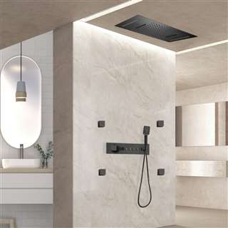 Rimini Matte Black Thermostatic Recessed Ceiling Mount 20x14 Rainfall Shower System with 4 Jetted Body Sprays and Hand Shower