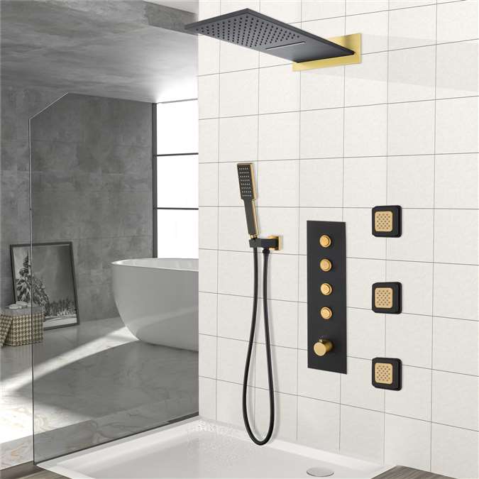 Naples Matte Black/Gold 4 Functions Wall Mount Thermostatic Rainfall Waterfall Shower System with Handheld Shower and Body Jets