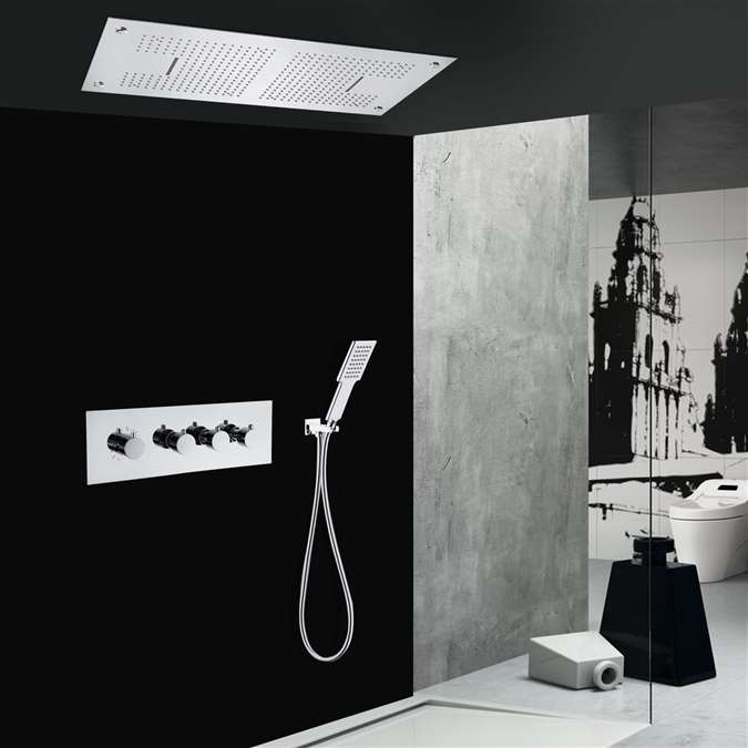 Matera Chrome 2 Functions LED Thermostatic Recessed Ceiling Mount Rainfall Waterfall Shower System with Hand Shower