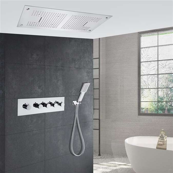 Siena LED 3 Modes Chrome Thermostatic Recessed Ceiling Mount Rainfall Waterfall Mist Shower System with Hand Shower