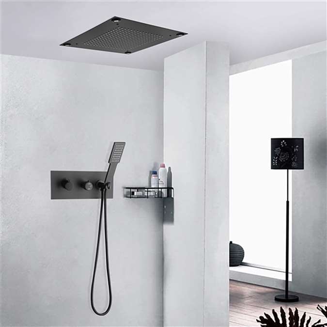 Lecce Luxury 16*16in LED Matte Black Thermostatic Recessed Ceiling Mount Rainfall Shower System with Hand Shower