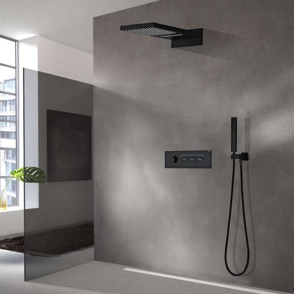 Wall Mounted Thermostatic Shower Waterfall Rain Shower Head Hand Shower Set  Bathroom Solid Brass Black Concealed