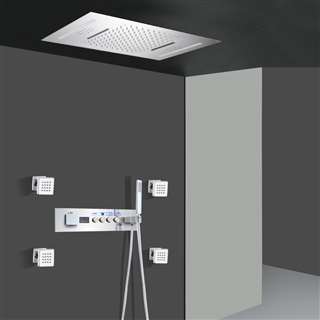 Ravenna Chrome LED Thermostatic Recessed Ceiling Mount Rainfall Shower System with 4 Jetted Body Sprays and Hand Shower